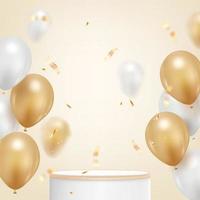 Fondo de feliz cumpleaños con globo realista y confeti dorado. vector
