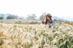 mujer agricultora con temporada de cosecha de campo de cebada foto