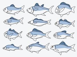 Doodle boceto a mano alzada dibujo continuo de la colección de peces. vector