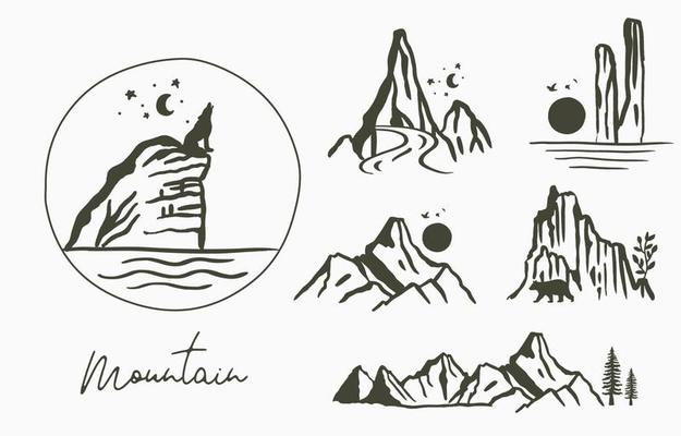 Black line natural scenery with mountain,river,sun,tree