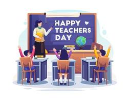 teacher with explains gesture in a classroom. vector illustration