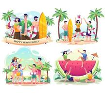 Set bundle of Summer day with People on the beach. vector illustration