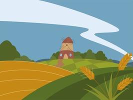 paisaje rural con campo de trigo y molino vector