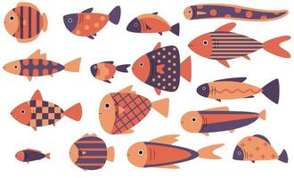 Cute fish vector illustration set, flat style