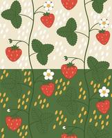 two variants of seamless patterns with strawberry leaves and flowers
