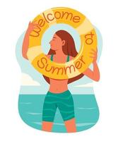 Woman Hold the Inflatable Ring with Words Welcome to Summer. vector