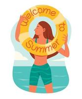 Woman Hold the Inflatable Ring with Words Welcome to Summer. vector