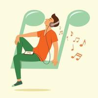 Man Sit on Big Musical Note Symbol and Listen to a Song. vector