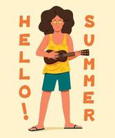 el hombre toca el ukelele con las palabras hola verano. vector