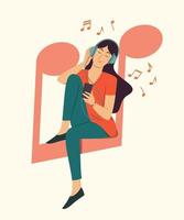 la mujer se sienta en el símbolo de la gran nota musical y escucha una canción. vector