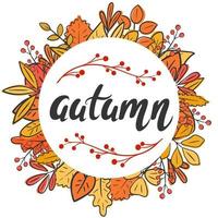 Round autumn frame made of colorful leaves with hand lettering vector