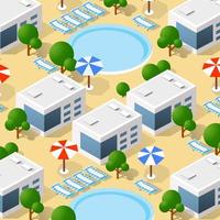 Isometric 3d hotel with a pool and umbrellas of urban vector