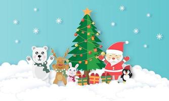 Christmas banner with a cute Santa clause and friends in paper cut . vector