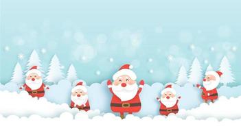 Christmas banner with a cute Santa clause and friends in paper cut . vector