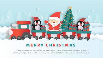 Christmas banner with a cute Santa clause and friends in paper cut . vector