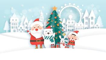 Christmas banner with a cute Santa clause and friends in paper cut . vector