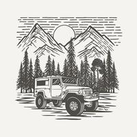 OFFROAD SUV VEHICLE WITH FOREST AND MOUNTAIN BACKGROUND PREMIUM VECTOR
