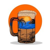 Vista del atardecer en la playa, en un vaso de cerveza vector premium