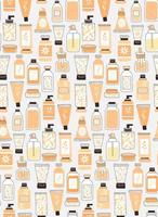 Seamless repeating pattern with cosmetics. A set of bottles and tubes vector