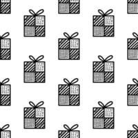 Seamless pattern from doodle gift boxes with bow. Isolated on white vector