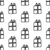 Seamless pattern from doodle gift boxes with bow. Isolated on white vector