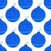 patrón sin costuras, bola de árbol de Navidad azul dibujada a mano con garabatos vector