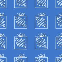 Seamless pattern, white doodle gift boxes with bow on blue background vector