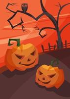 Poster with pumpkin heads at bloody sunset. Halloween placard design. vector