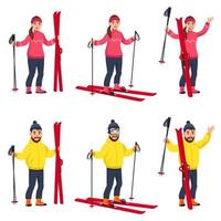 Male and female skiers in different poses. vector