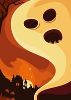 Poster with ghost on background of castle. Halloween postcard design. vector