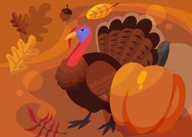 Banner with turkey and pumpkin. Thanksgiving day postcard design. vector