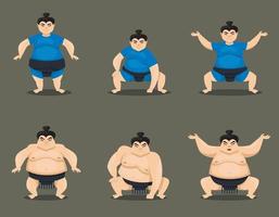 Set of sumo wrestlers in different poses. Male and female characters. vector