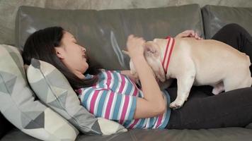 Woman is happily fun playing and teasing dog, French Bulldog. video