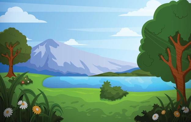Scenery of Green Nature with Mountain and Lake