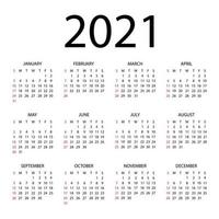 Calendar 2021 year - vector illustration. The week starts on Sunday. Annual calendar 2021 template. Calendar design in black and white colors, Sunday in red colors