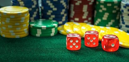 Gambling Red Dice and Casino Money Coins photo