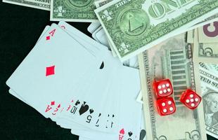 Red Dices Money Chips and Gambling Cards photo