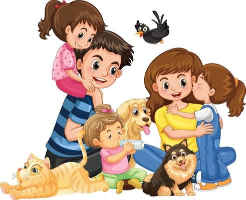 Happy family with their pets on white background