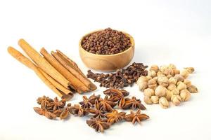 Assorted colorful spices on a white background. photo