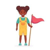 chica negra con bandera de campamento. niña exploradora. camping, campamento de verano para niños vector