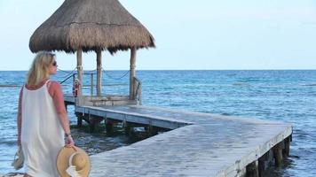 Woman walks down pier at tropical resort video