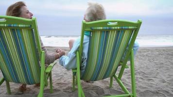 pareja mayor, sentado, en, playa, juntos video