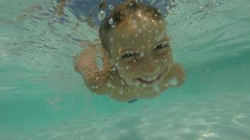 Young boy swimming in pool underwater, POV video