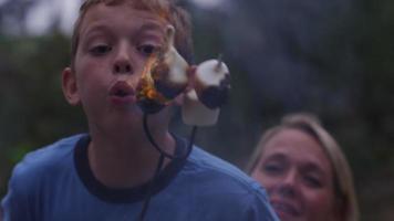 Mother and son roasting marshmallows by outdoor fire video