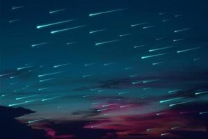 meteoritos azules lloviendo sobre fondo de cielo del atardecer