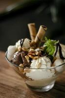 Organic chocolate and mint vanilla ice cream sundae dessert in bowl photo