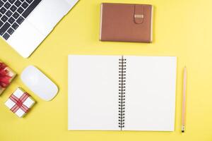 Flat lay, top view office table desk. Workspace background. photo