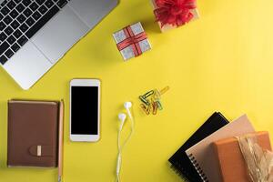 Flat lay, top view office table desk. Workspace background. photo