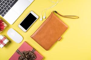 Flat lay, top view office table desk. Workspace background. photo