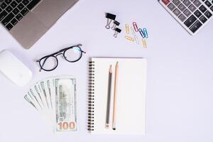 Flat lay, top view office table desk. Workspace background. photo